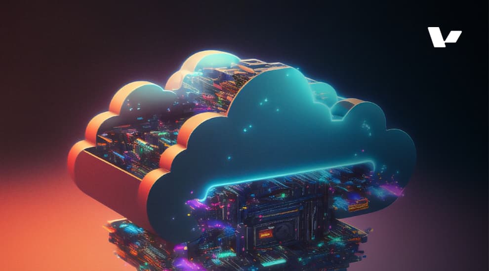 Futuristic digital cloud computing concept with neon-lit circuits and data flow, symbolizing cloud infrastructure and AI-driven cloud services.
