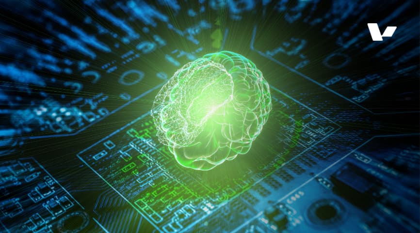 Futuristic digital representation of a glowing green brain integrated into a circuit board, symbolizing artificial intelligence and neural networks.