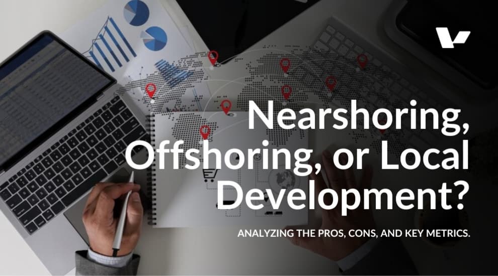 Business professional analyzing global outsourcing strategies with a world map overlay, location markers, and supply chain icons.