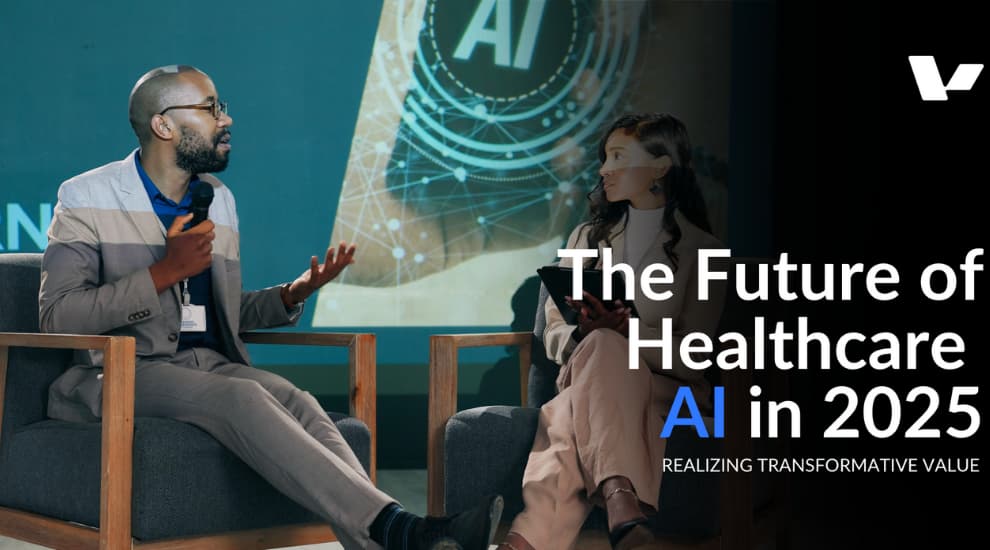 A professional speaker discussing AI innovation in healthcare at a tech conference, seated with a microphone and engaging audience.