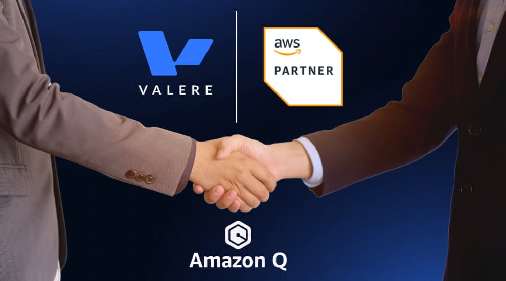 Valere and AWS Partner logos with handshake, highlighting Amazon Q collaboration.