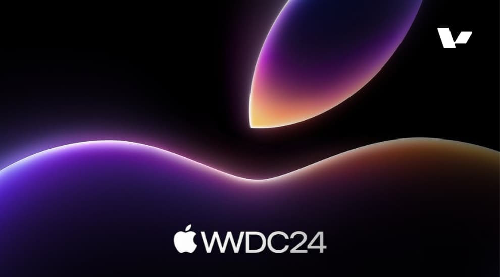 Apple logo glowing in vibrant colors with the text 'WWDC24' beneath, symbolizing Apple’s 2024 Worldwide Developers Conference and its AI advancements.
