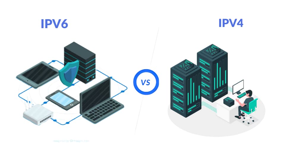 Comparison of IPv6 and IPv4 network systems, illustrating the modern and secure infrastructure of IPv6 on the left, and the traditional setup of IPv4 with servers and a user working on the right.