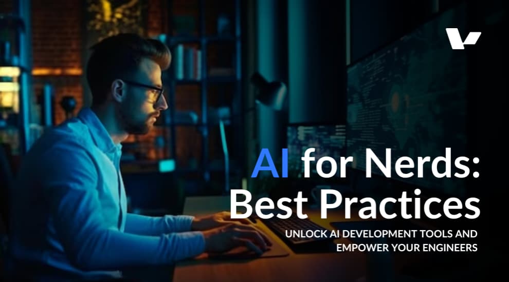 Software engineer working in a modern workspace, coding on a dual-monitor setup with AI-driven data visualizations. The screen displays futuristic analytics, reinforcing the theme of AI-powered development